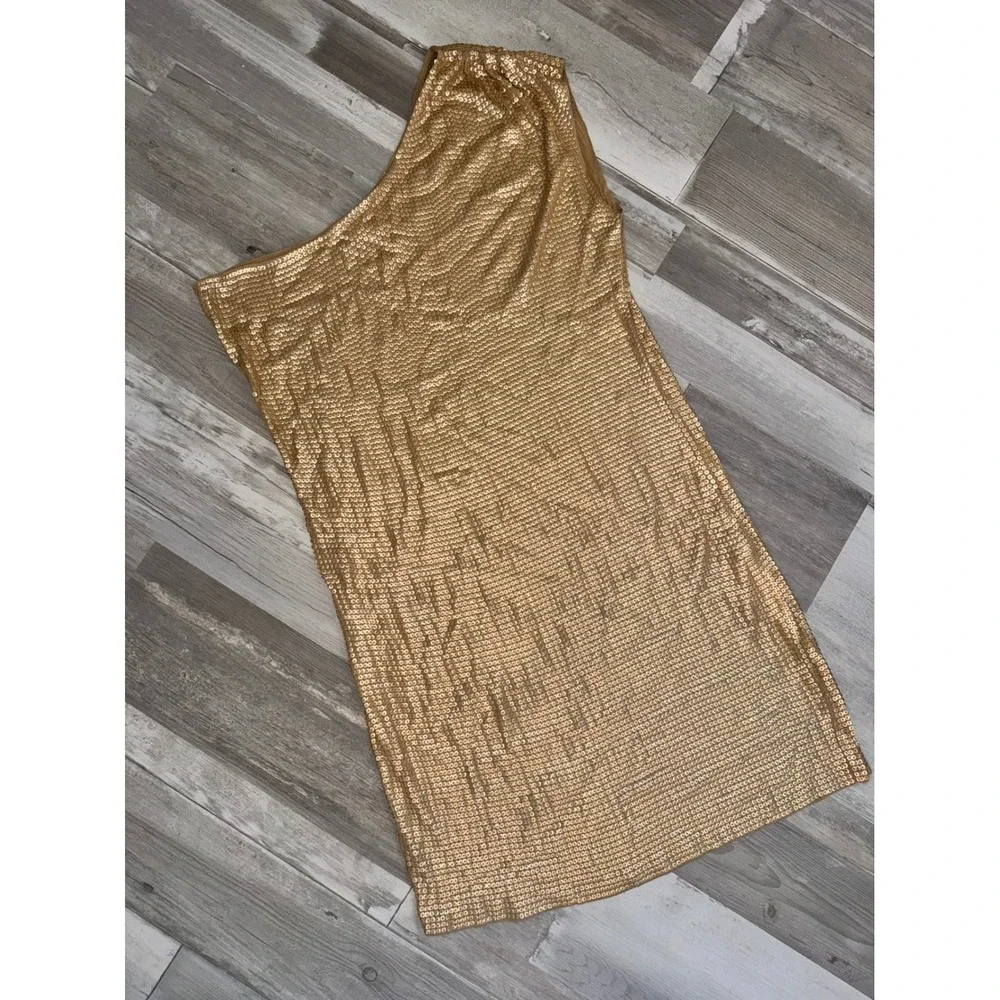 MICHAEL Michael Kors One Shoulder Dress Womens Gold Sequin Cocktail Mini Large